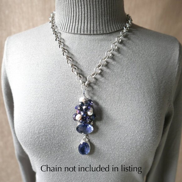 Freshwater Pearl Cluster Pendant - Swarovski Crystals, Iolite -  Sterling Silver - Picture 1 of 5